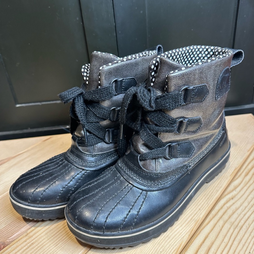 Sorel Tivoli Rain Duck Boot Brown Black Polka Dot Waterproof Snow Bootie